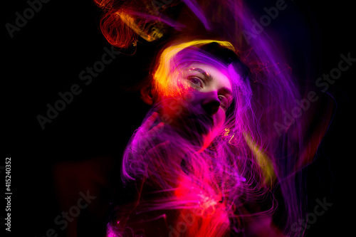 lightpainting portrait, new art direction, long exposure photo without photoshop, light drawing at long exposure