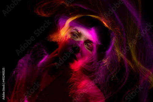 lightpainting portrait, new art direction, long exposure photo without photoshop, light drawing at long exposure