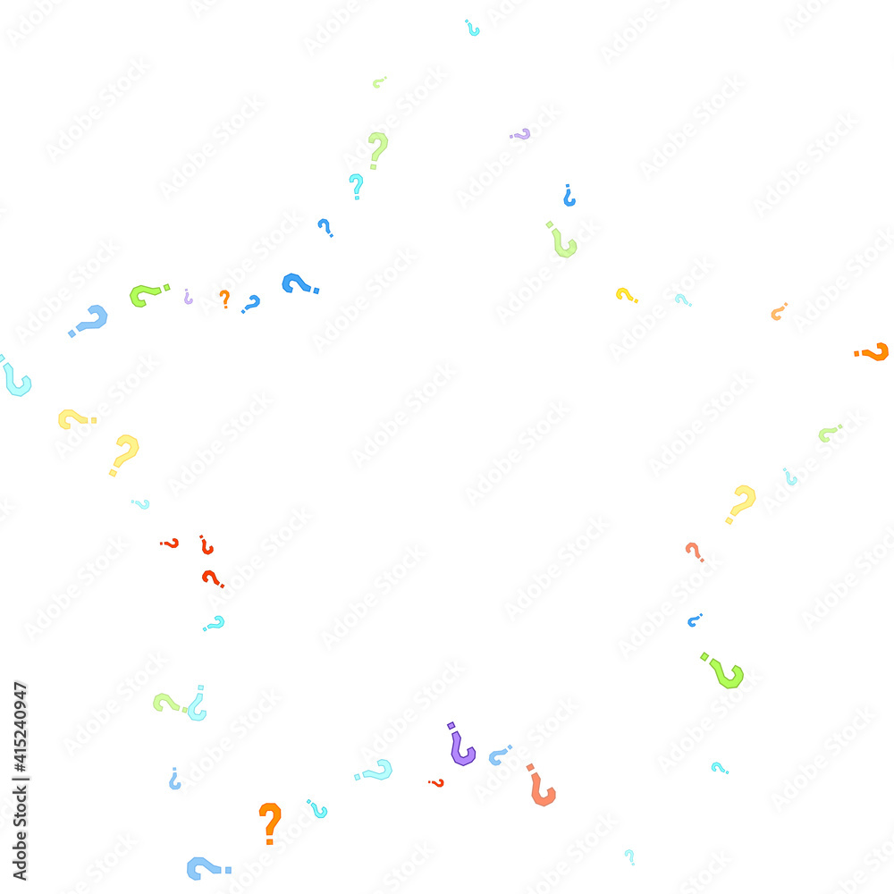 Question marks scattered on white background. Quiz, doubt, poll, survey, faq, interrogation, query background. Multicolored template for opinion poll, public poll. Rainbow color. Vector illustration.