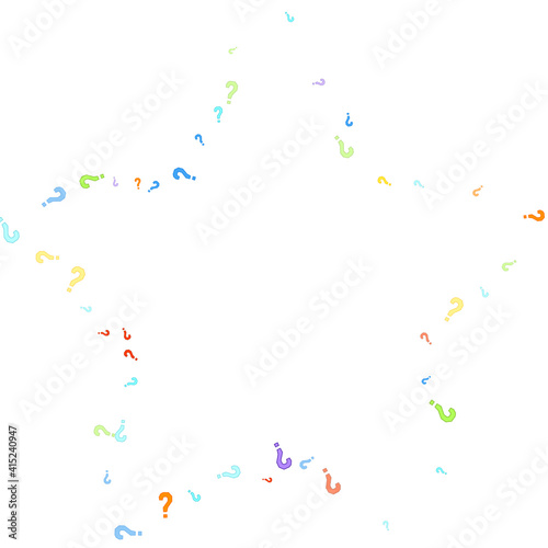 Question marks scattered on white background. Quiz, doubt, poll, survey, faq, interrogation, query background. Multicolored template for opinion poll, public poll. Rainbow color. Vector illustration.