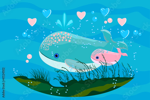 Whales mom and baby. Happy mothers or father day concept. Cartoon sea animals. Cute lovely whale family swim on ocean background. World Oceans day. For poster, flyer, banner or greeting card. Vector
