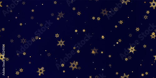 Gold Falling Snowflakes seamless pattern. Illustration with flying snow, frost, snowfall. Winter seamless print for christmas celebration on blue night background. Holiday Vector illustration New Year