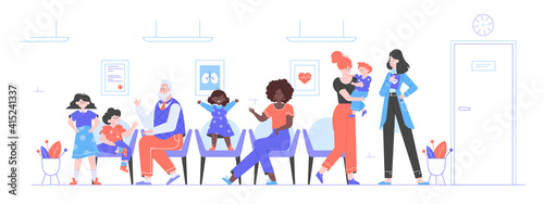 People with children are sitting in the lobby of the clinic. Queue at the hospital to see the doctor. Pediatrics. Waiting room. Vector flat illustration.