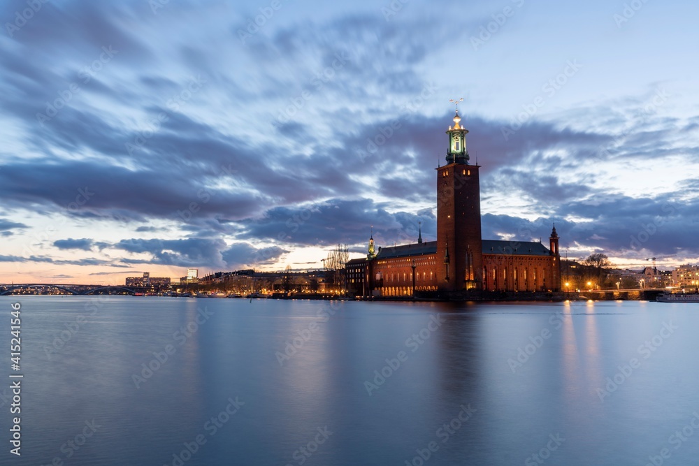 Sunset behind Stockholm City Hall. Beautiful evening in the Swedish capital.