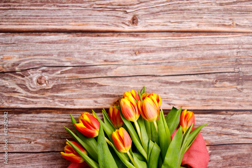 Spring tulips flower on wooden background. Tulip, gardening concept.