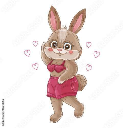 Funny adorable bunny. Rabbit in love in pink clothes with hearts. Romantic valentine day cartoon character. Happy Easter holiday. Cute little hare for print or greeting card design. Hand drawn vector 