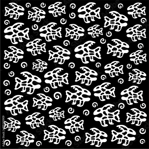 Cartoon background of stylized fish. Black and white contour graphics. Seamless background. Artistic, graphic, hipster original drawing.