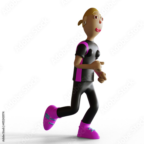 3D illustration of a young woman wearing sportswear  running with white background. Cartoon art style.. 