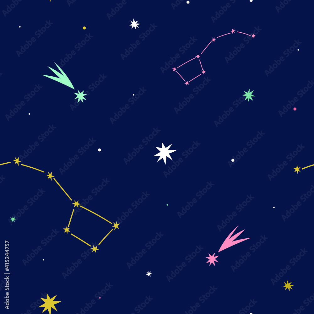 Fototapeta premium Space background. Cosmic seamless vector pattern with stars, comets and constellations on dark blue background
