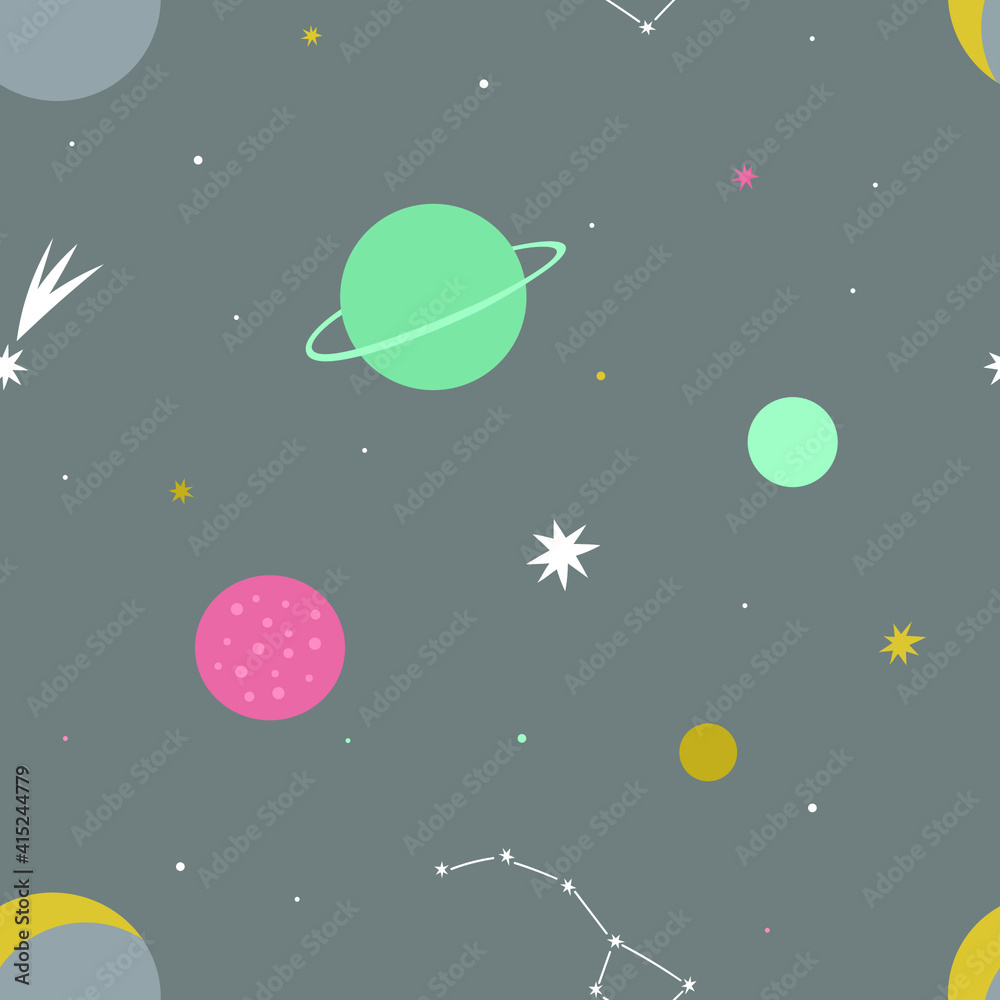 Naklejka premium Space background. Cosmic seamless vector pattern with planets, comets, constellations in space on grey background
