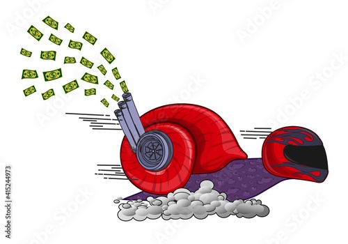 The high-speed turbo snail rushes towards its target, defeating others. Purple snail with a red shell with a turbine on its side and money flying out of the pipes isolated on a white background.