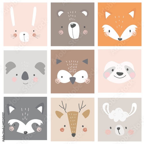 A set of postcards with animals rabbit, bear, fox, koala, owl, sloth, raccoon, deer, llama on a colored background. Vector illustration for printing on fabric, packaging paper, postcards, posters
