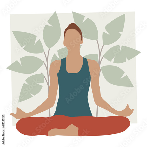 Yoga meditation illustration. Exercise, spiritual practice, houseplants in background. Vector illustration.