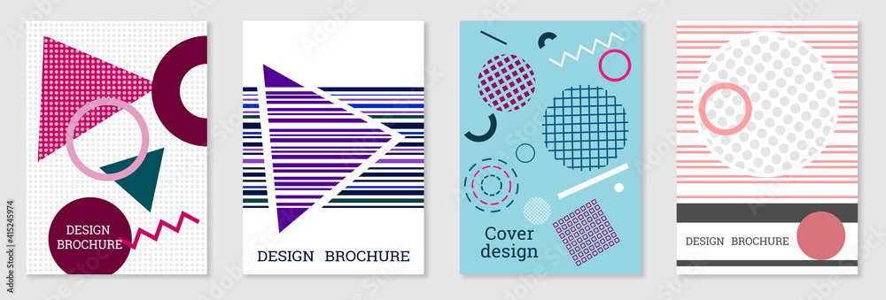 Set of cover design in Memphis style. Geometric design, abstract background. Fashionable bright cover, banner, poster, booklet. Creative colors. Set of cover design in Memphis style. Geometric design, abstract background. Fashionable bright cover, banner, poster, booklet. Creative colors.