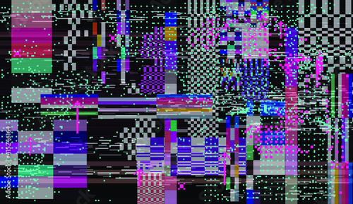 Glitched retro VHS screen with flickers and broken pixels. Old-fashioned retrowave style background.