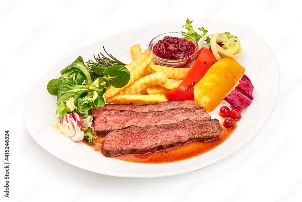 Grilled beef steak, medium rare steak, isolated on white background