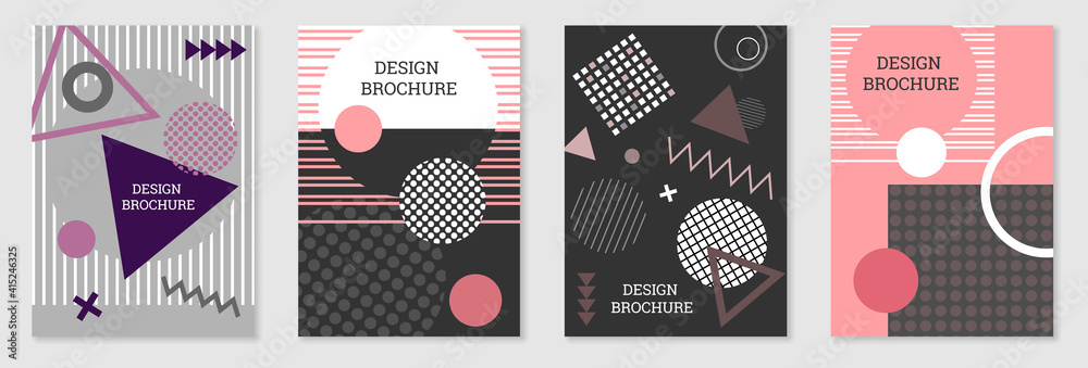 Set of cover design in Memphis style. Geometric design, abstract background. Fashionable bright cover, banner, poster, booklet. Creative colors. Set of cover design in Memphis style. Geometric design, abstract background. Fashionable bright cover, banner, poster, booklet. Creative colors.