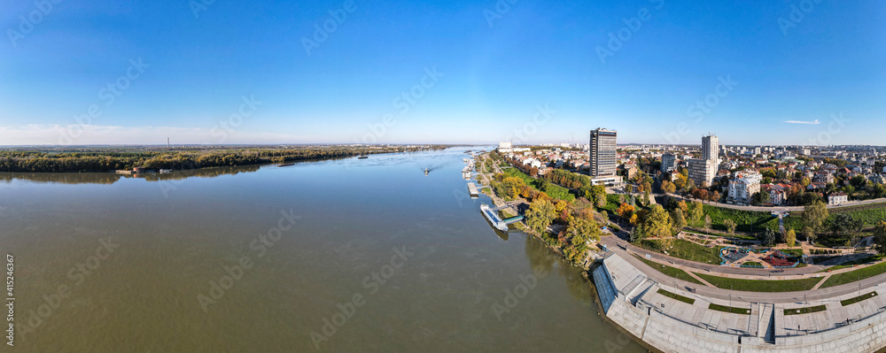 Aerial panorama of Danube River and City of Ruse, Bulgaria