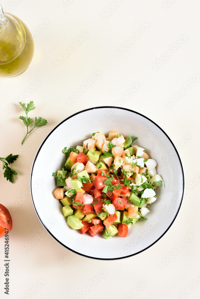 Avocado, prawn, tomato and mozarella salad
