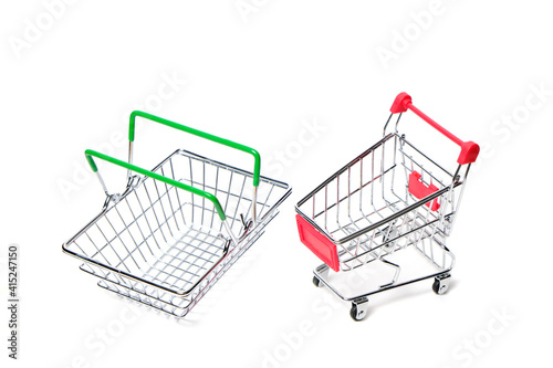 Shopping cart and shopping cart on green background.