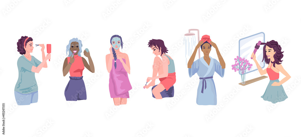 Home face care and body care. Different nation women set. Women's routine. Female beauty. Cosmitological home procedures. Vector cute flat cartoon illustration