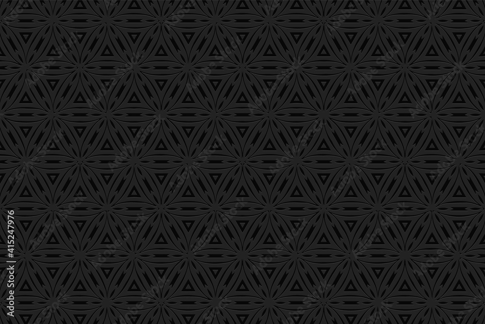 Geometric black convex volumetric 3d background. Interesting ornament with a relief pattern of ethnic elements and circles.Texture for design. Geometric black convex volumetric 3d background. Interesting ornament with a relief pattern of ethnic elements and circles.Texture for design.
