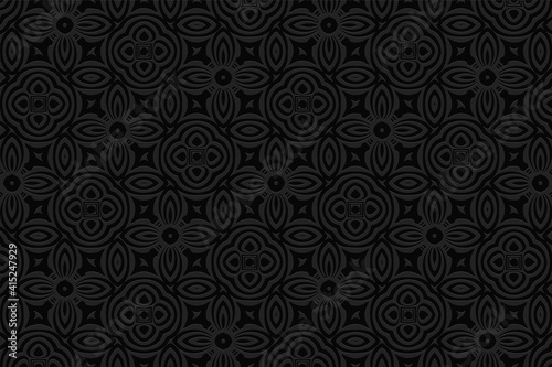 Geometric black convex volumetric 3D background in doodling style. Oriental ornament with a relief pattern of ethnic elements. Texture for decor.