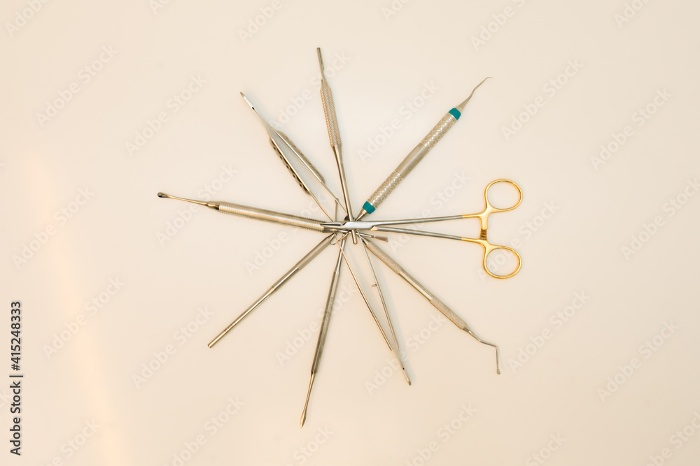 Dentist orthopedist tools. Dental implantation surgical set. Surgical kit of instruments used in dental implantology