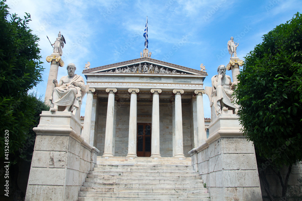 The Academy of Athens is a neoclassical building  in the centre of Athens. The statues of Plato and Socrates on the stairs in front of it