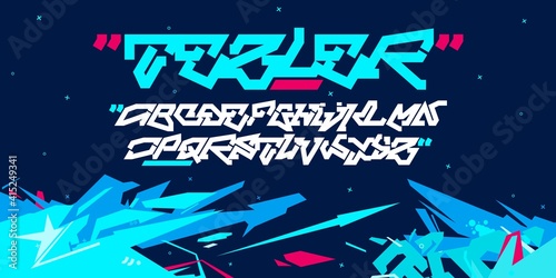 Bold Sci-fi Tech Abstract Cyberpunk  Futuristic Alphabet Font Tezler Digital Typography Vector Illustration