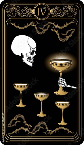 Four of cups. Card of Minor arcana black and gold tarot cards. Tarot deck. Vector hand drawn illustration with skull, occult, mystical and esoteric symbols.