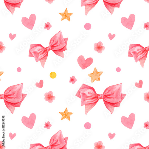 seamless pattern on a white background, watercolor illustration,bows, hand drawing, heart doodles, valentines day