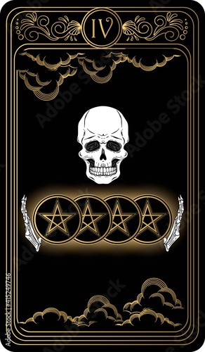 Four of pentacles. Card of Minor arcana black and gold tarot cards. Tarot deck. Vector hand drawn illustration with skull, occult, mystical and esoteric symbols.
