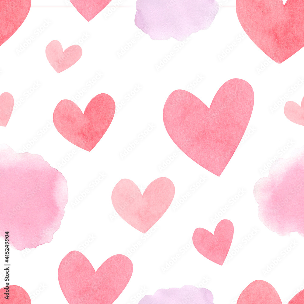 seamless pattern on a white background, watercolor illustration,bows, hand drawing, heart doodles, valentines day