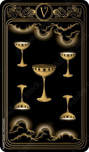 Five of cups. Card of Minor arcana black and gold tarot cards. Tarot deck. Vector hand drawn illustration with occult, mystical and esoteric symbols.