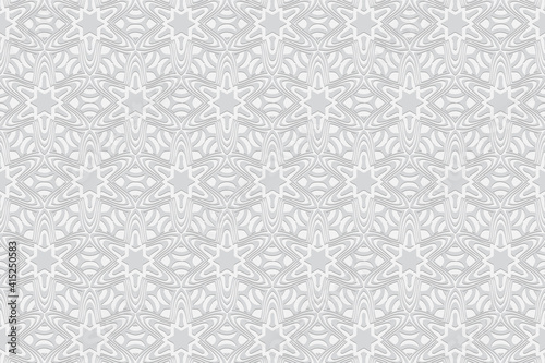 Geometric white convex volumetric 3D background. Ornament with a relief pattern of ethnic elements and figures. Texture in the style of oriental doodling for wallpapers, websites.