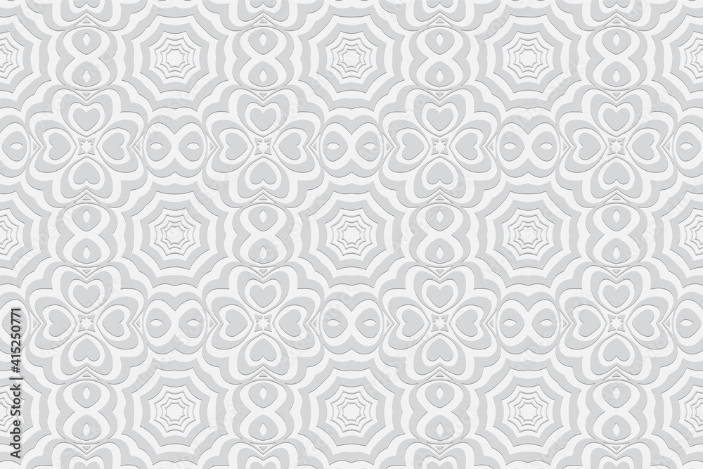 Geometric white convex volumetric 3D background. Ornament with a relief pattern of ethnic elements, figures and hearts for decoration. Geometric white convex volumetric 3D background. Ornament with a relief pattern of ethnic elements, figures and hearts for decoration.