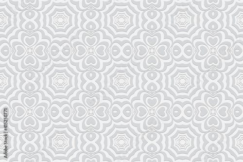 Geometric white convex volumetric 3D background. Ornament with a relief pattern of ethnic elements, figures and hearts for decoration.