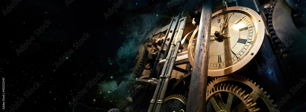 Mechanism of the old clock tower on the night sky background with stars. Philosophy image of space time dimension.