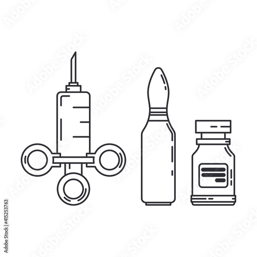 Line medical pharmaceutica set icon flask, ampoule, syringe. Professional equipment symbol. Science, pharmacy, medic, chemistry background emblem element. Laboratory glass. Vector outline illustration