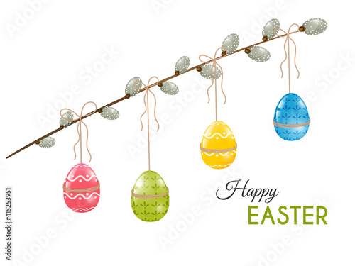 Colorful easter eggs on pussy willow branch. Vector illustration.