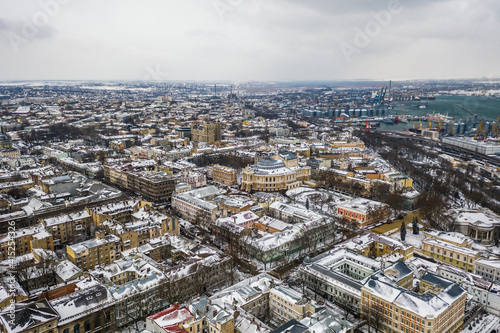 Aerial view on Odessa cityscape after snow blizzard on February 8, 2021.