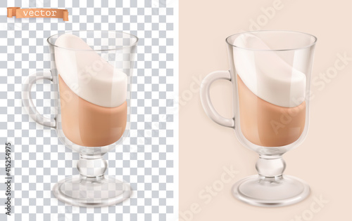 Cocktail in a transparent glass. Irish coffee icon. 3d vector object