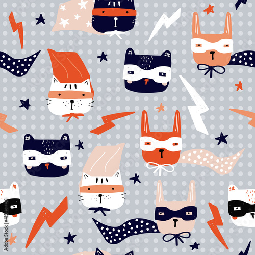 Seamless pattern with funny animals superheroes. Kids trendy print. Vector hand drawn illustration.