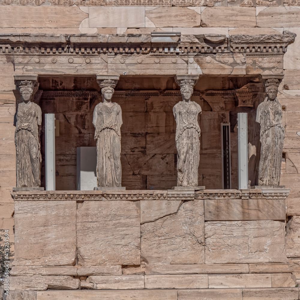 Athens Acropolis Greece, Caryatides women statues on Erechtheion ancient temple facade