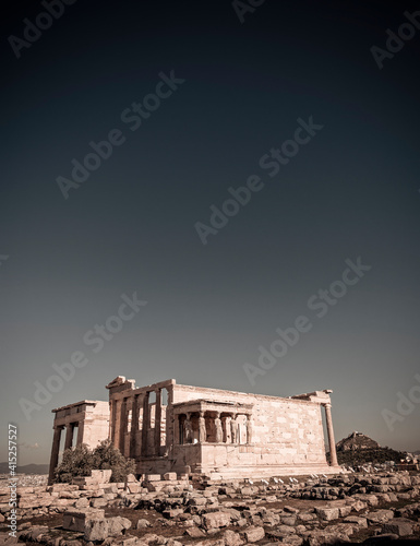 Erechtheion ancient temple on Acropolis hill, Athens Greece filtered image