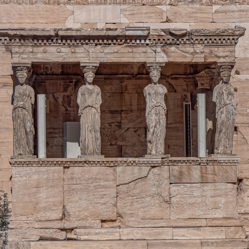 Athens Acropolis Greece, Caryatides women statues on Erechtheion ancient temple facade