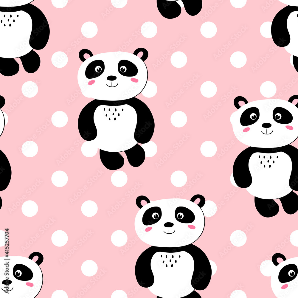 Obraz premium Seamless pattern with cute panda baby on color polka dots background. Funny asian animals. Card, postcards for kids. Flat vector illustration for fabric, textile, wallpaper
