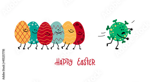 A lot of colorful laughable easter eggs running after coronavirus, covid. Lettering Happy easter. Concept vector illustration for card, banner, web in 2021.