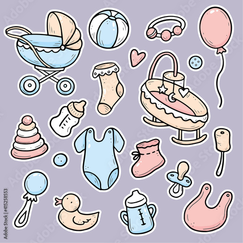 Hand drawn stickers of baby shower things, toy, rattle, milk bootle, clothes. Doodle sketch style. Baby element drawn by digital pen. Illustration for icon, sticker design template.